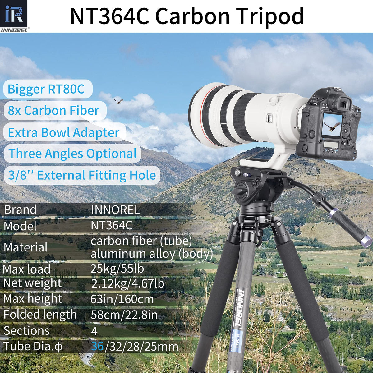 INNOREL NT364C Professional Carbon Fiber Tripod - Heavy Duty Camera Stand, 55lb/25kg Max Load, 75mm Bowl Adapter (Max Tube 36mm)