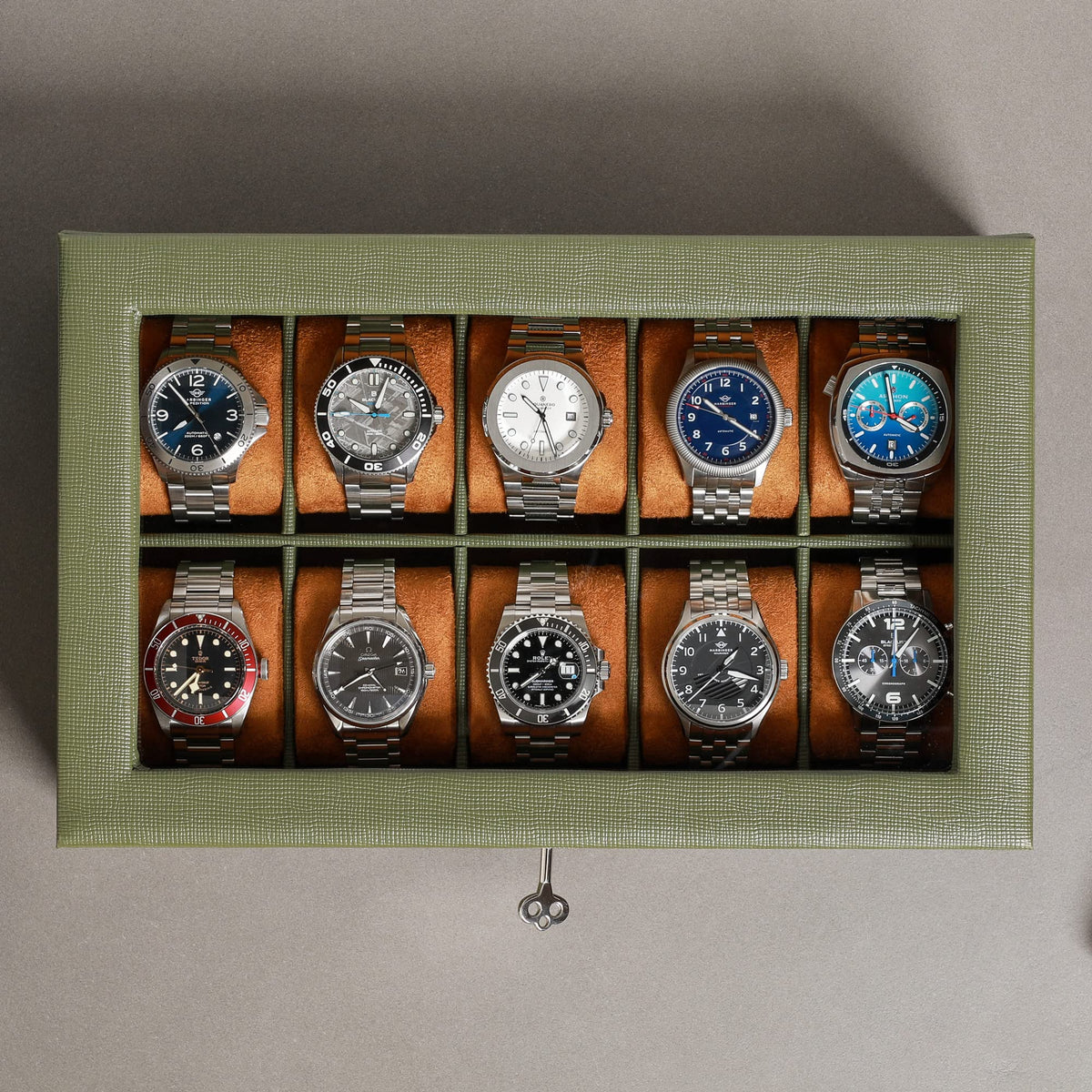 ROTHWELL 10 Slot Leather Watch Box - Luxury Case Display Jewelry Organizer - Locking Watch Display Case Holder with Large Glass Top - Box Organizer for Men and Women (Green/Tan)