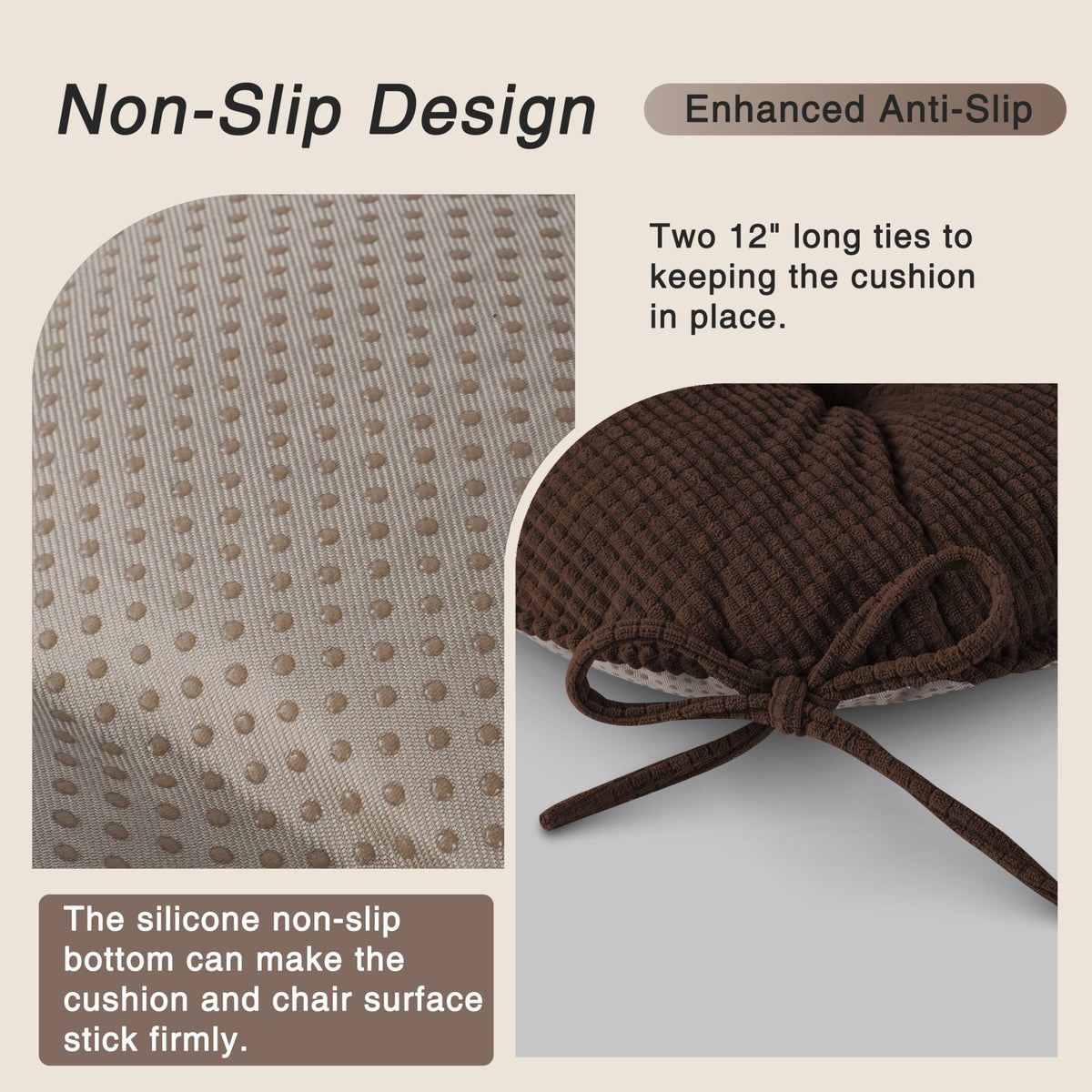 OVOV Chair Cushions for Dining Chairs Set of 1 Non-Slip Kitchen Seat Cushions 18" x 18" x 4" Indoor Seat Pads with Ties Coffee