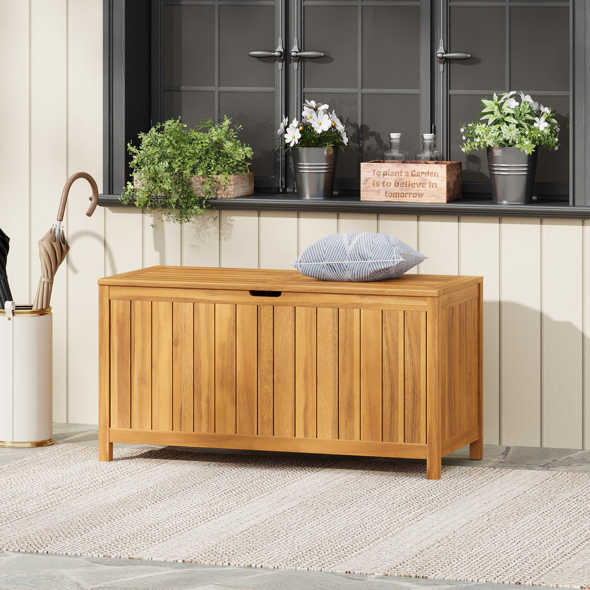 Christopher Knight Home Wood Cabinet Box, Slat Panel Storage Cabinet, Storage Organzier with Easy Open Lid Hinges, Easy Assembly, Outdoor Patio 100 Gallon Acacia Wood Deck Storage Box, Teak