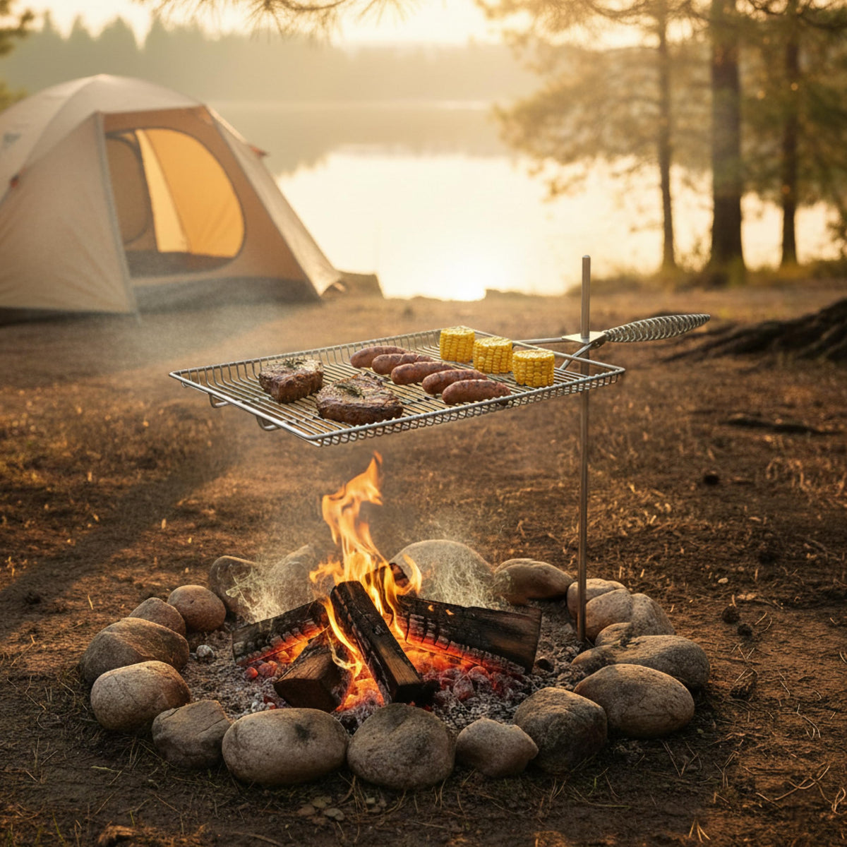 Easy Swivel Fire Pit Grill Grate – 304 Stainless Steel – 15" x 22" Cooking Surface with 36" Stake for Campfire Cooking