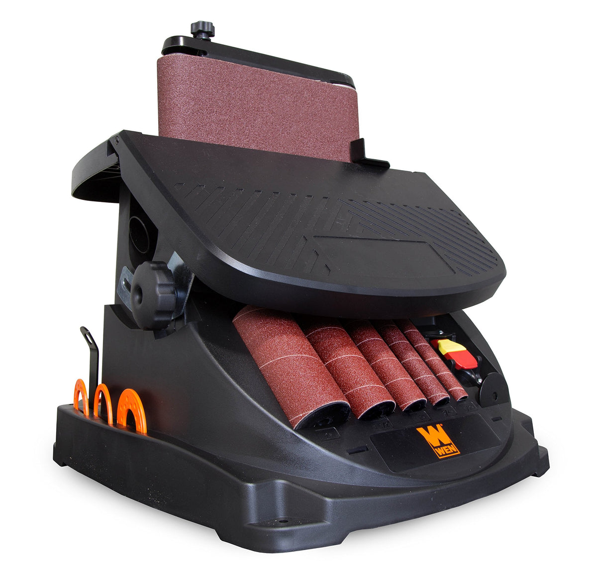 WEN 6524 Oscillating Belt and Spindle Sander & POWERTEC 4 x 24 Inch Sanding Belts, 3 Each of 60 80 120 150 240 400 Grits, 18PK