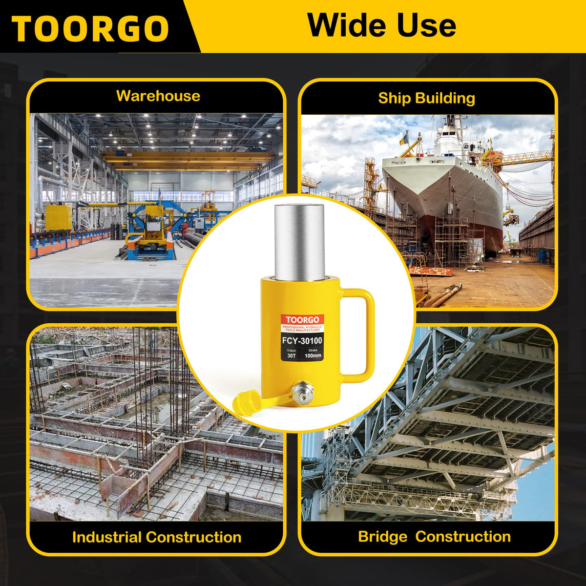 TOORGO 30T 4Inch Stroke Porta Power Single Acting Lifting Cylinder for Shipbuilding, Machinery and Industry,Automatically Retract Split Hydraulic Cylinders Jacks, Yellow