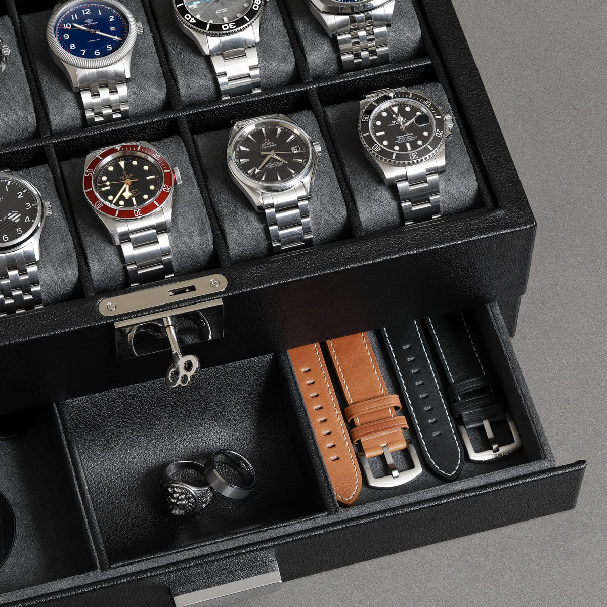 ROTHWELL 10-Slot Watch Box in Leather with Valet Drawer, Luxury Watch Case Display Organizer with Ultra Soft Microsuede Liner, Jewelry and Sunglass Holder With Large Glass top (Black/Grey)