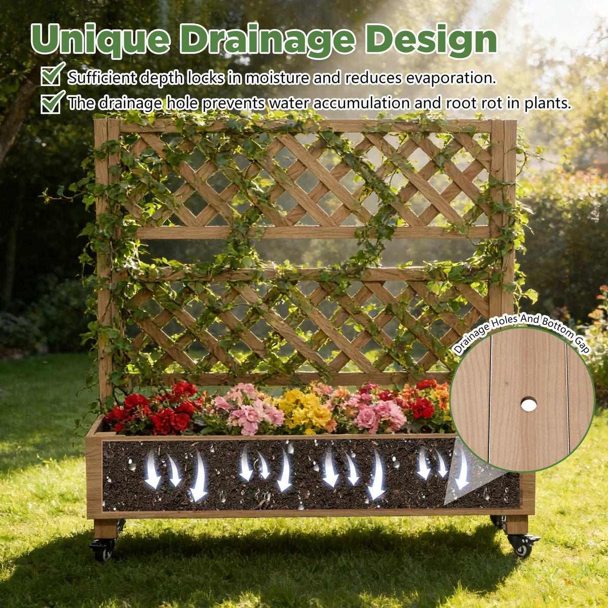 Raised Garden Bed with Wheels Outdoor, Large Garden Planter Box Tomato Flower Pots with Standing Diamond Lattice Trellis for Vegetables Vines Herbs Fruits & Climbing Plants (Grid Upright Trellis)