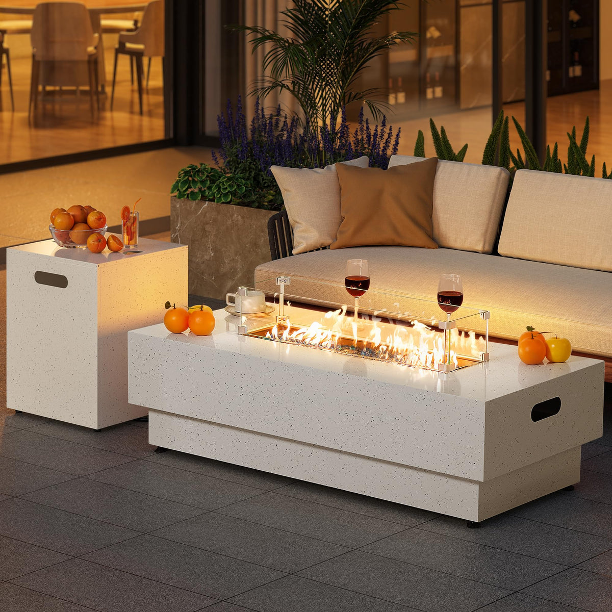 IRONCK 50-Inch Outdoor Propane Fire Pit Table w Tank Table, CSA Certified, Rectangular Patio Fire Pit w Glass Rocks, Wind Guard and Cover, 58000 BTU 2 in 1 Outdoor Heater for Deck Garden, White