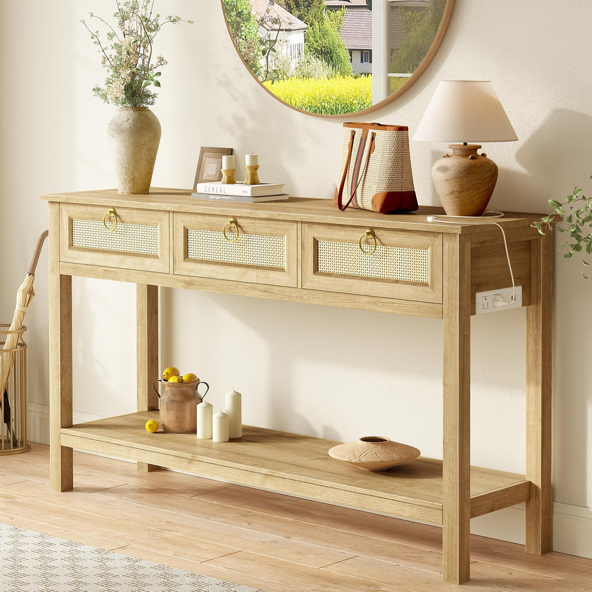 SUPERJARE Rattan Console Sofa Table with Outlets and USB-C Port, 3 Drawer Entryway Table with Synthetic Rattan Surface, Open Shelf, Behind Couch Entry Foyer Hallway Storage, Natural