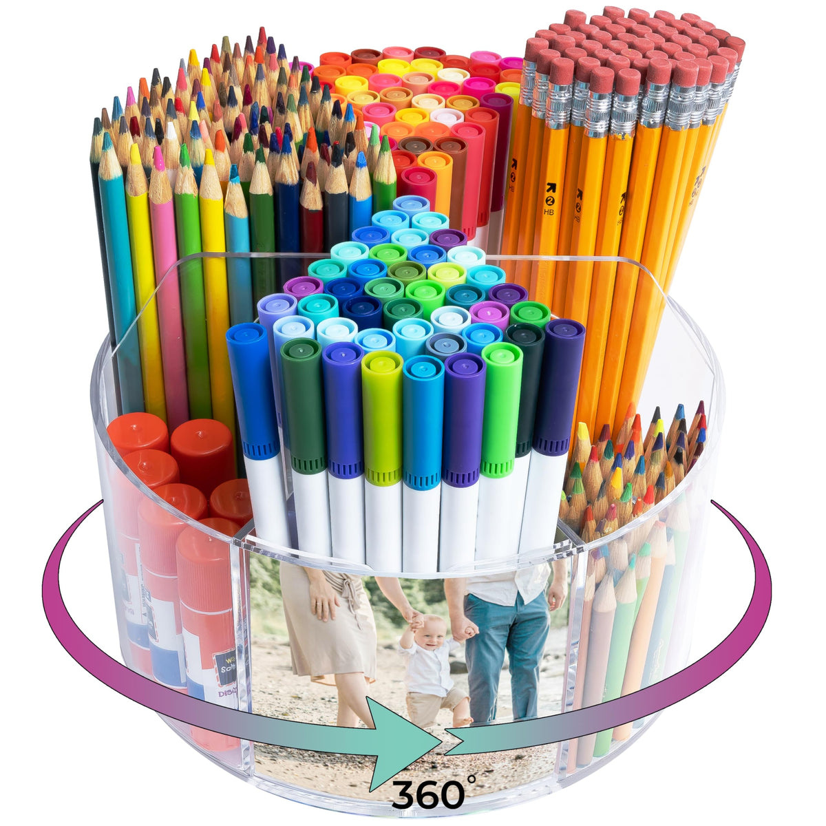 Acrylic Marker Organizer - Multipurpose 360 Rotating Holder for Pencil, Pen, Makeup Brushes, Crayon, Arts and Crafts Supplies - Clear Spinning Lazy Susan Non-Slip Organizing Caddy with Photo Slots