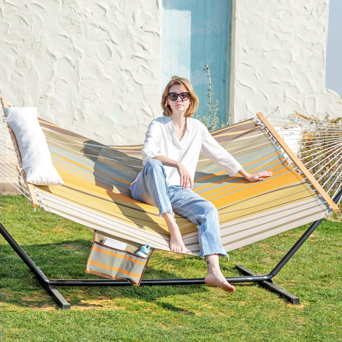 Gafete Waterproof Double Hammock with Stand for Outside Heavy Duty, 2 Person 55'' Large Quick Dry Textilene Hammocks with Hardwood Spreader Bar, Pillow, Pockets, for Outdoor, 475lbs Capacity (Coffee)