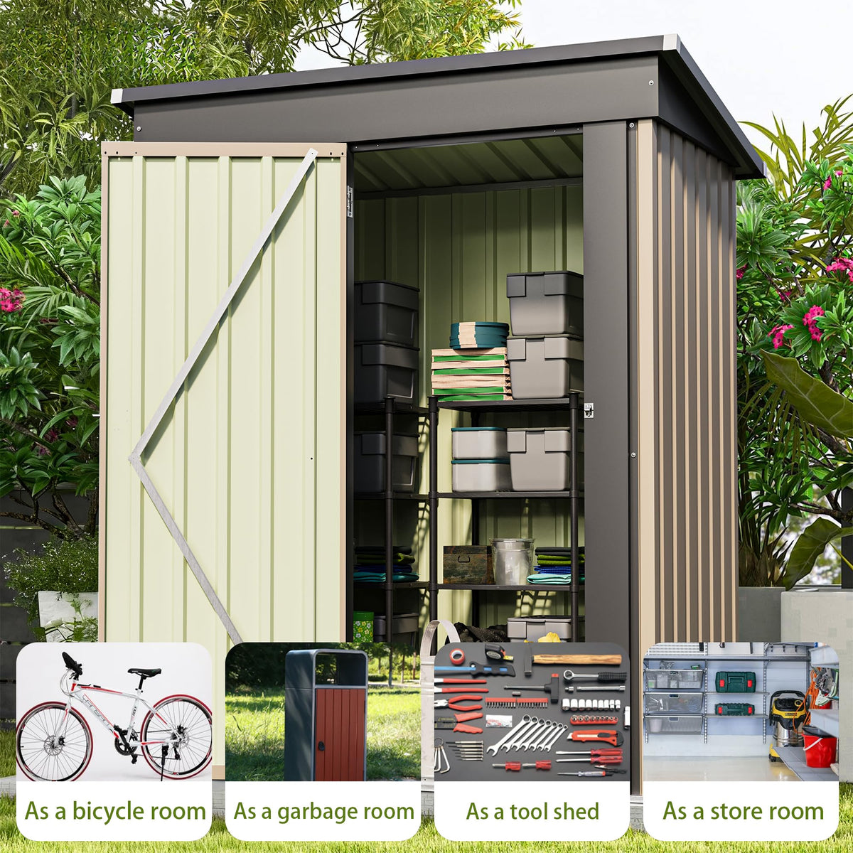 Patiowell 5x3 FT Outdoor Storage Shed, Tool Shed with Sloping Roof and Lockable Door, Metal Shed for Backyard Garden Patio Lawn, Brown