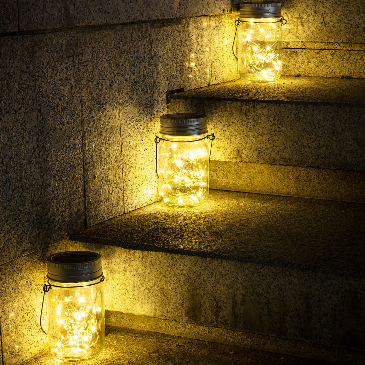 GIGALUMI Hanging Mason Jar Solar Lights, 6 Pack 30 Led Hanging Solar Lanterns Outdoor Waterproof, Hangers and Jars Included, Outdoor Decor for Balcony, Garden, Patio, Yard, Wedding