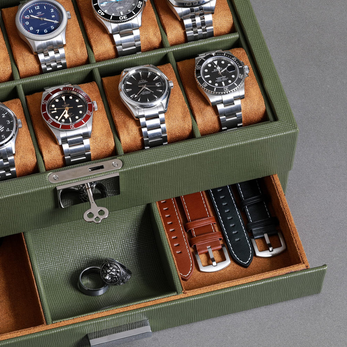 ROTHWELL 10-Slot Watch Box in Leather with Valet Drawer, Luxury Watch Case Display Organizer with Ultra Soft Microsuede Liner, Jewelry and Sunglass Holder With Large Glass top (Green/Tan)