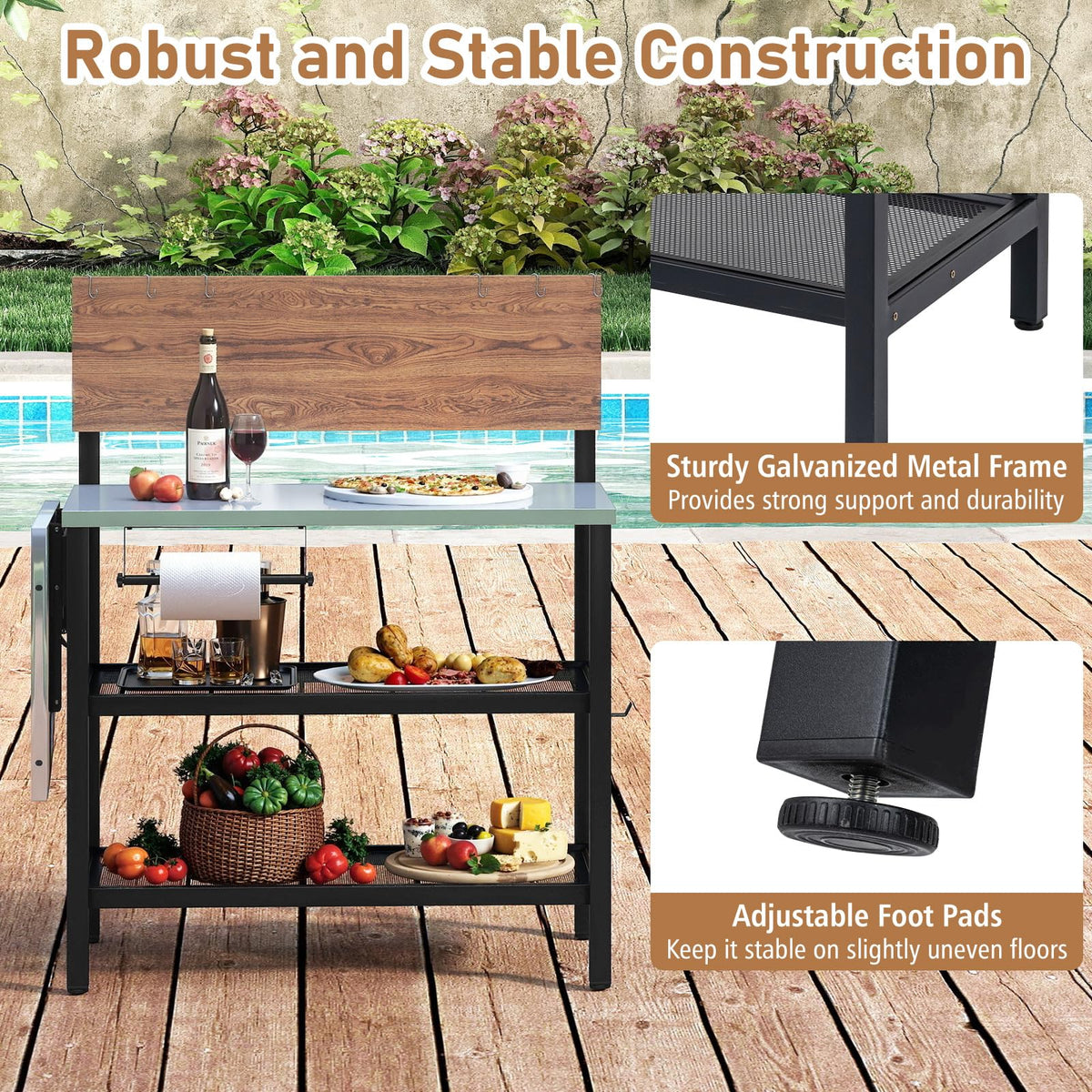 Giantex Outdoor Bar Table with Flip-Up Top & Foldable Side Table, 4-Tier Grill Stand with Storage Shelves, Hooks, Paper Towel Holder, Patio Kitchen Island Food Prep Cooking Station