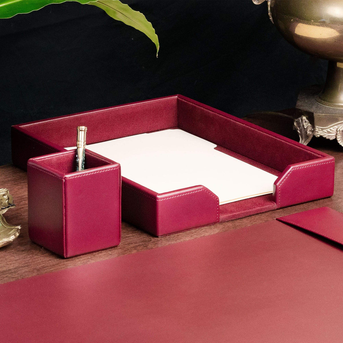 Dacasso Burgundy Bonded Leather Luxury Letter Tray Holder & Paper Organizer for Desk - Executive Desk Decor & Office Organization Essential
