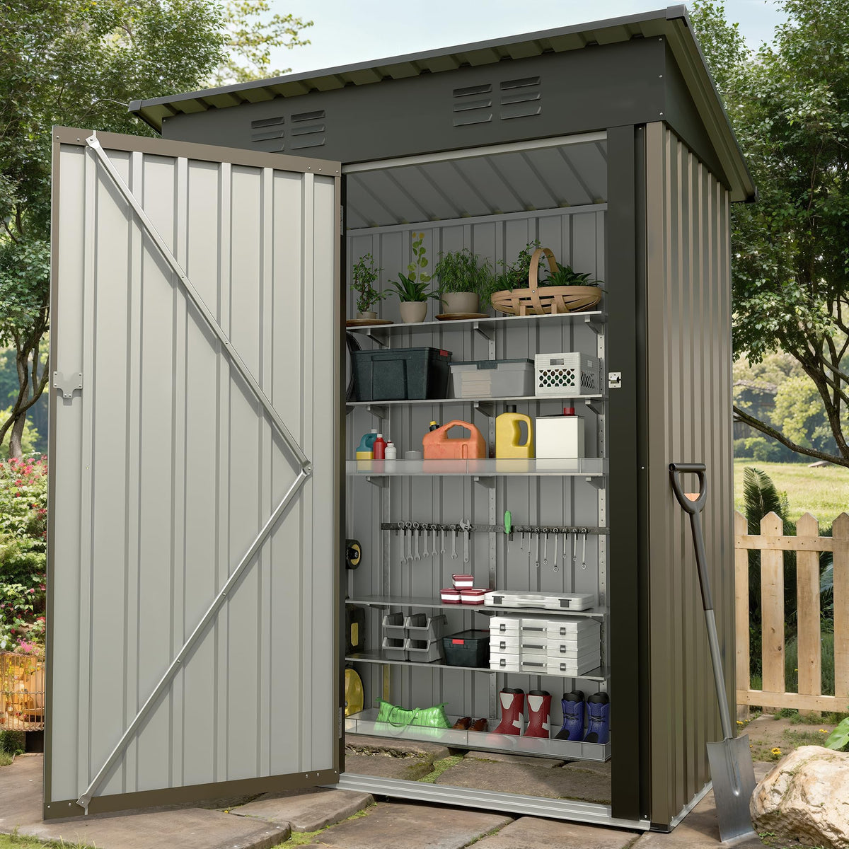 5x3Ft Outdoor Storage Shed, Metal Tool Shed with Lockable Door & Sloped Roof, Weatherproof, Compact Garden Storage Shed for Backyard, Patio, Lawn, or Tools & Equipment, Brown