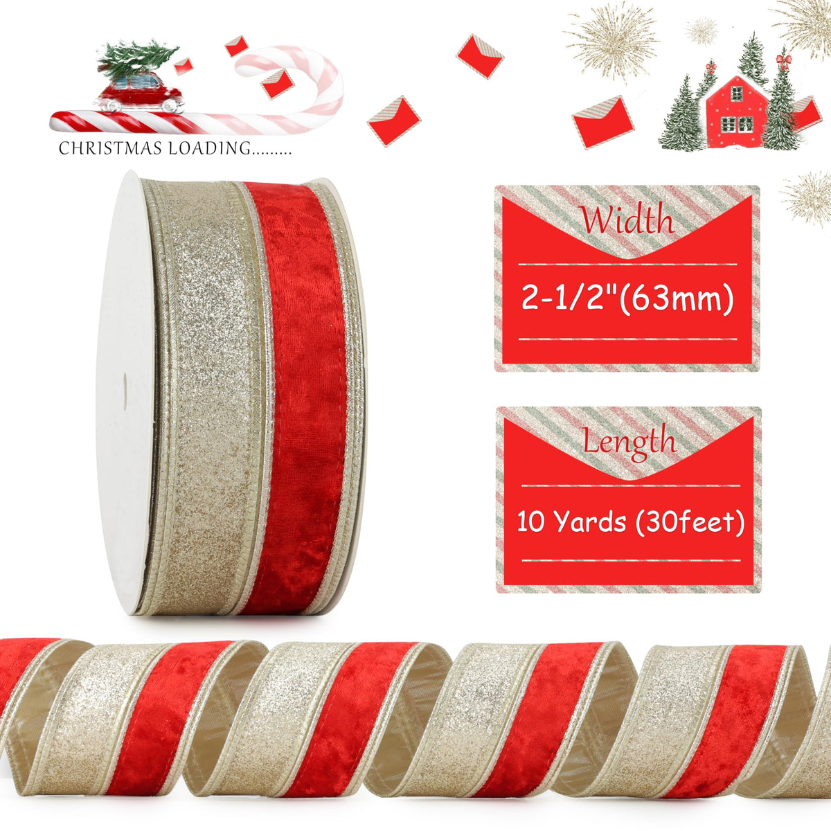 DINDOSAL Red Velvet Wired Ribbon 2.5 Inch x 10 Yards, Champagne Glitter Two Tone Christmas Ribbon for Tree, Wreaths, Bows, Garlands, Gift Wrapping, Holiday Decor