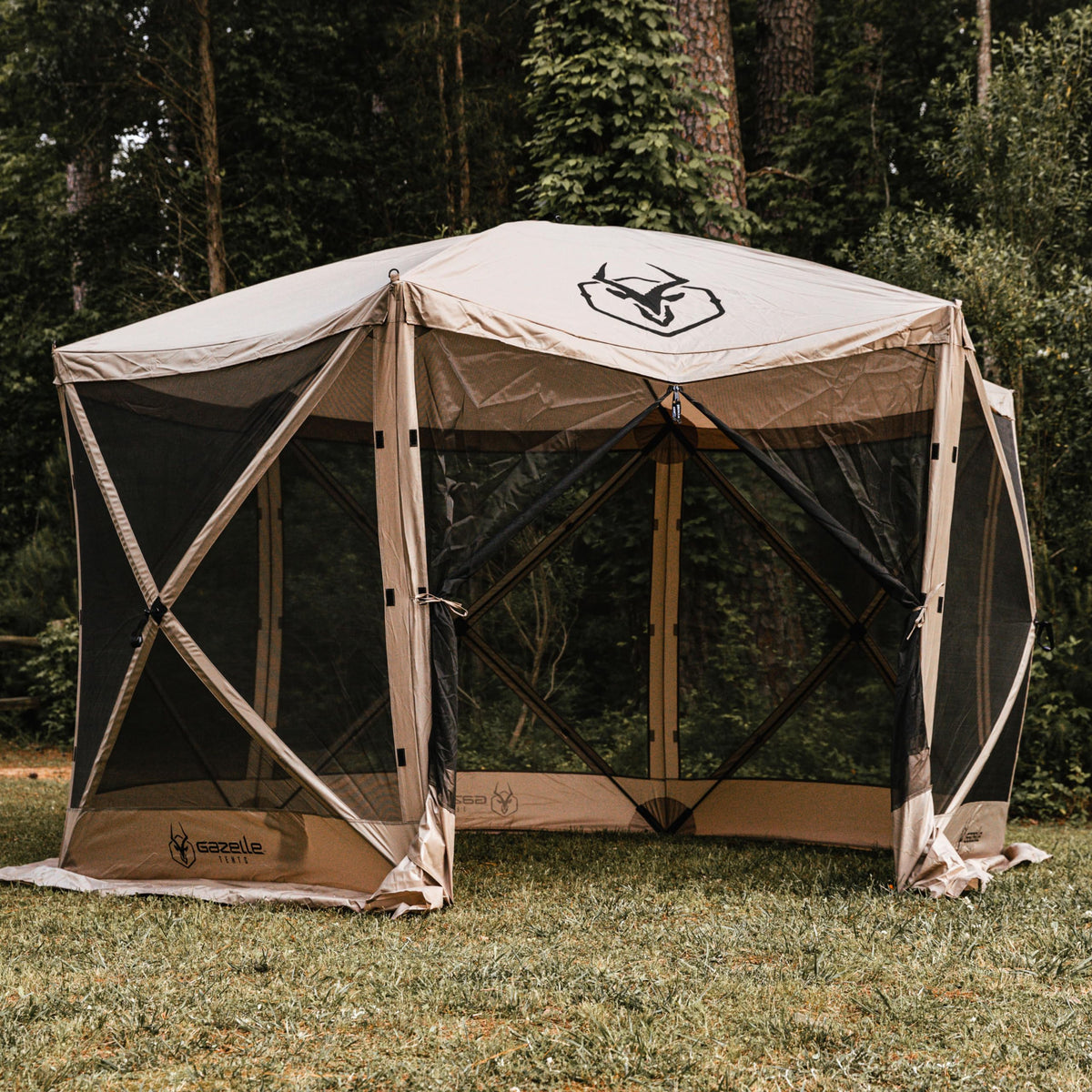 Gazelle Tents™, G6 6-Sided Portable Gazebo, Easy Pop-Up Hub Screen Tent, Durable, TriTech Mesh, Waterproof, UV Resistant, 8-Person & Table, Desert Sand, 86" x 124" x 124", GG602DS