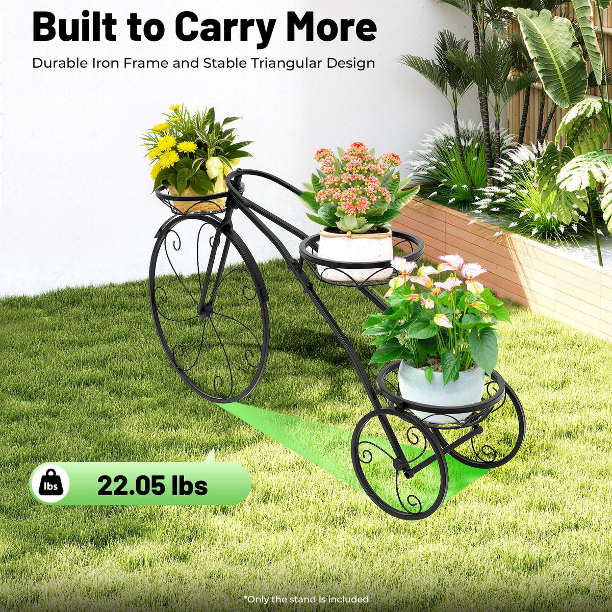 3 Pot Metal Cart Holder, Three-wheeled Plant Stand, 3-Tier Bicycle Planter Flower Cart, Holds 22lbs Capacity, for Patio Deck Garden Lawn Decor (Black)