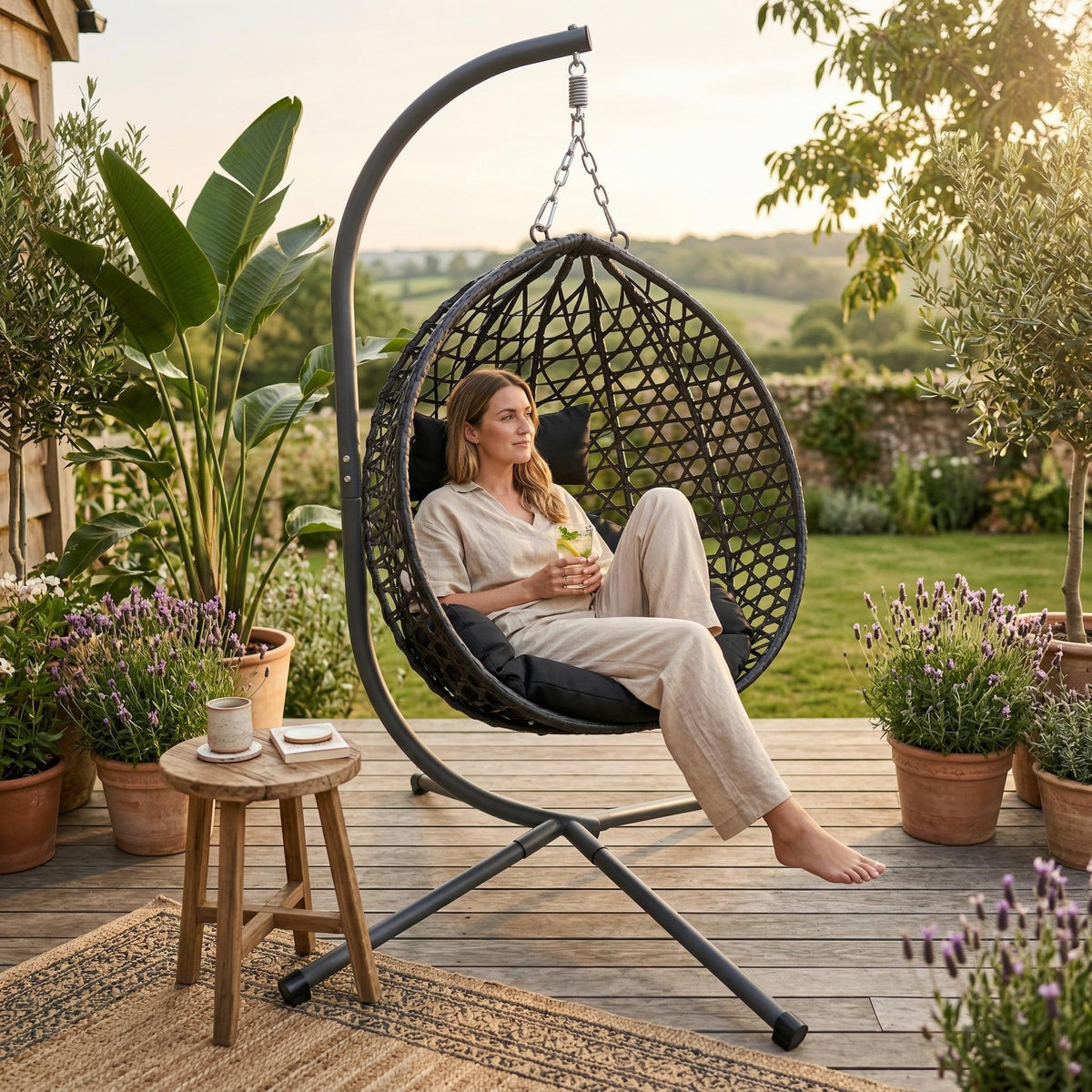 KEIKI Hanging Egg Chair with Stand, Patio Hammock Swing Chair with Cushion, Patio Swing Basket Chair for Balcony, Backyard, Garden, Black