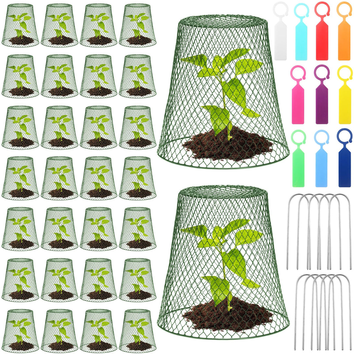 Geosar 30 Pcs 9 Inch Chicken Wire Cloche Plant Protector Cover Metal Garden Cloche Netting Protection Cages Vegetables Flowers with Garden Stakes Avoiding Chicken Rabbit Squirrels Birds (Green)