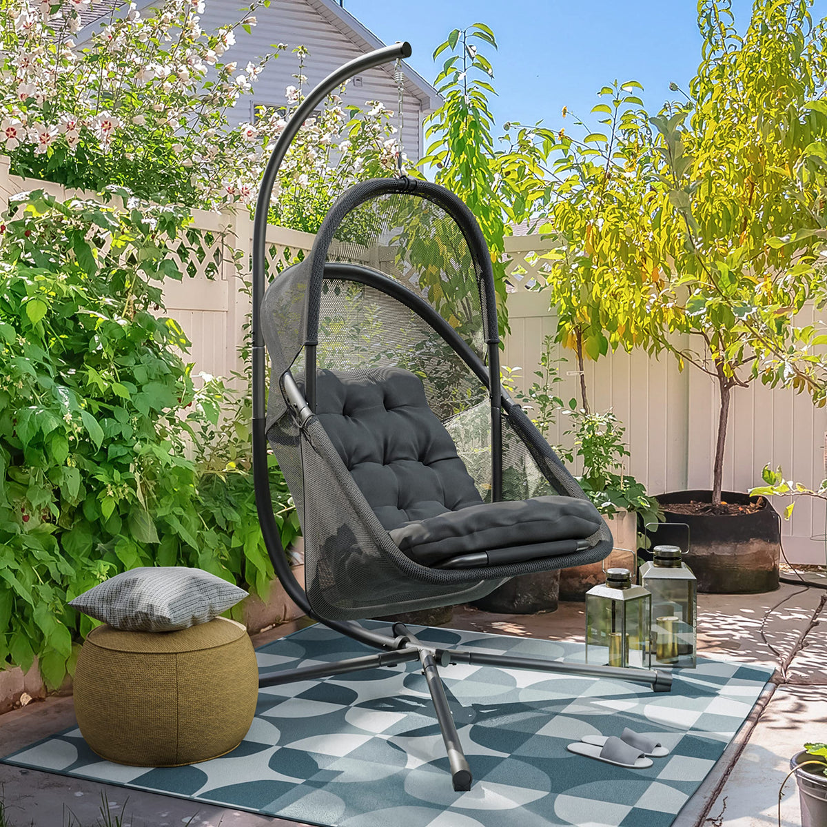 Greemotion Breeze Outdoor Foldable Mesh Fabric Hanging Chair Swing Hammock Egg Chairs UV Resistant with Base, 220 lbs Capacity for Patio Backyard, Balcony, Garden, Dark Gray