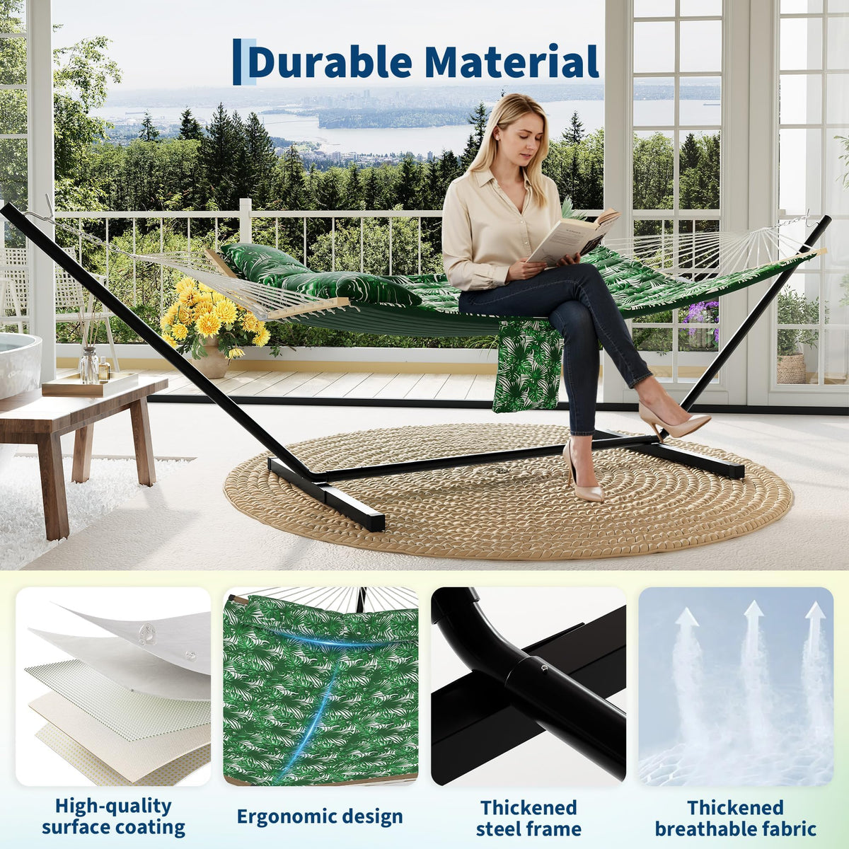 Double Hammock with Stand for Outdoor Use – 2-Person Portable Hammock with Curved Spreader Bar & Balance Ropes, Heavy Duty 450 LBS Capacity for Backyard, Patio & Camping, Green