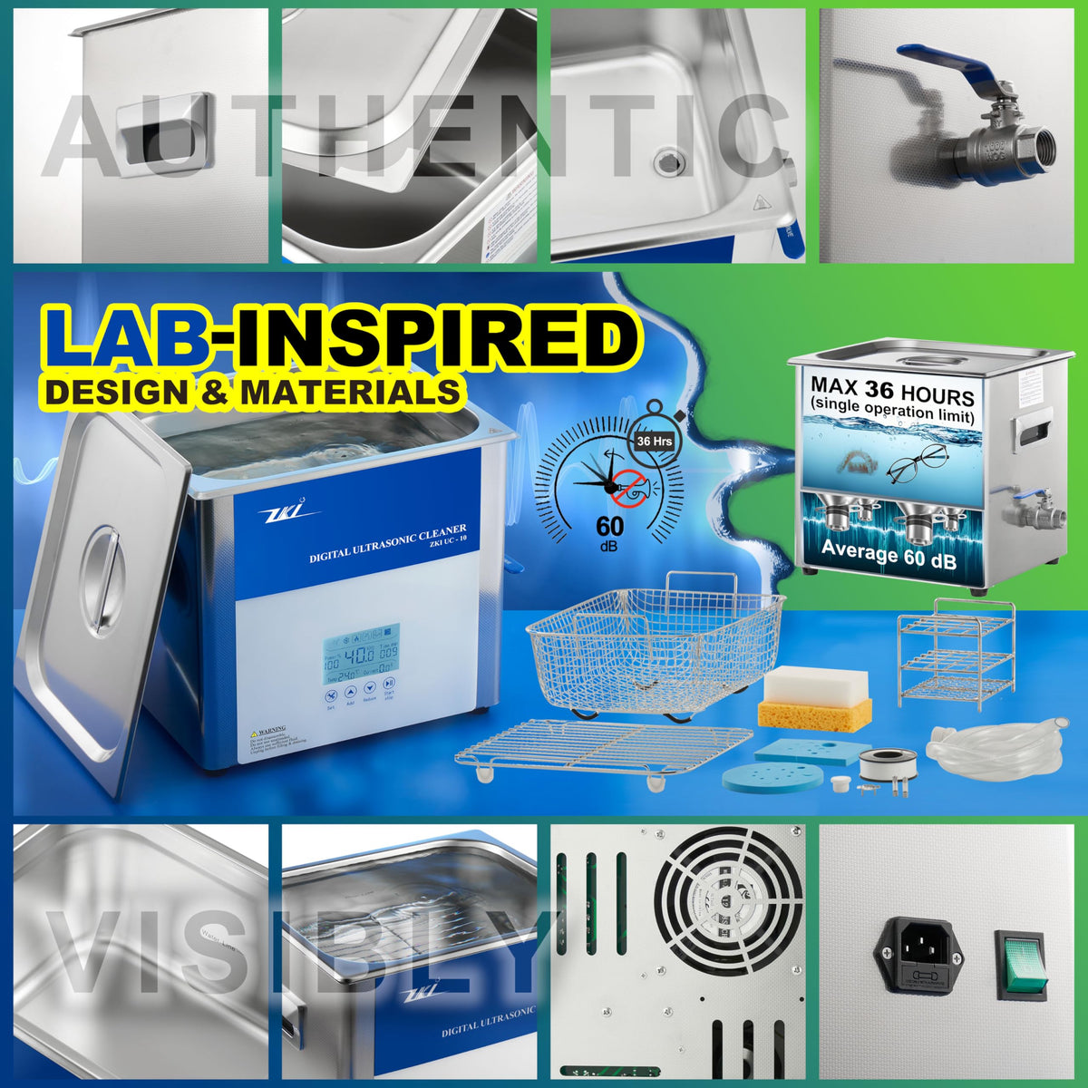 ZKI 10L Digital Ultrasonic Cleaning Machine, Adjustable Heater/Intensity/Timer Ultrasonic Cleaner, Degas Mode, Low-Noise, 12+ Hrs Run Time, Ideal for Jewelry, Lab, Glasses, Dentures, Ind. (110V/600W)
