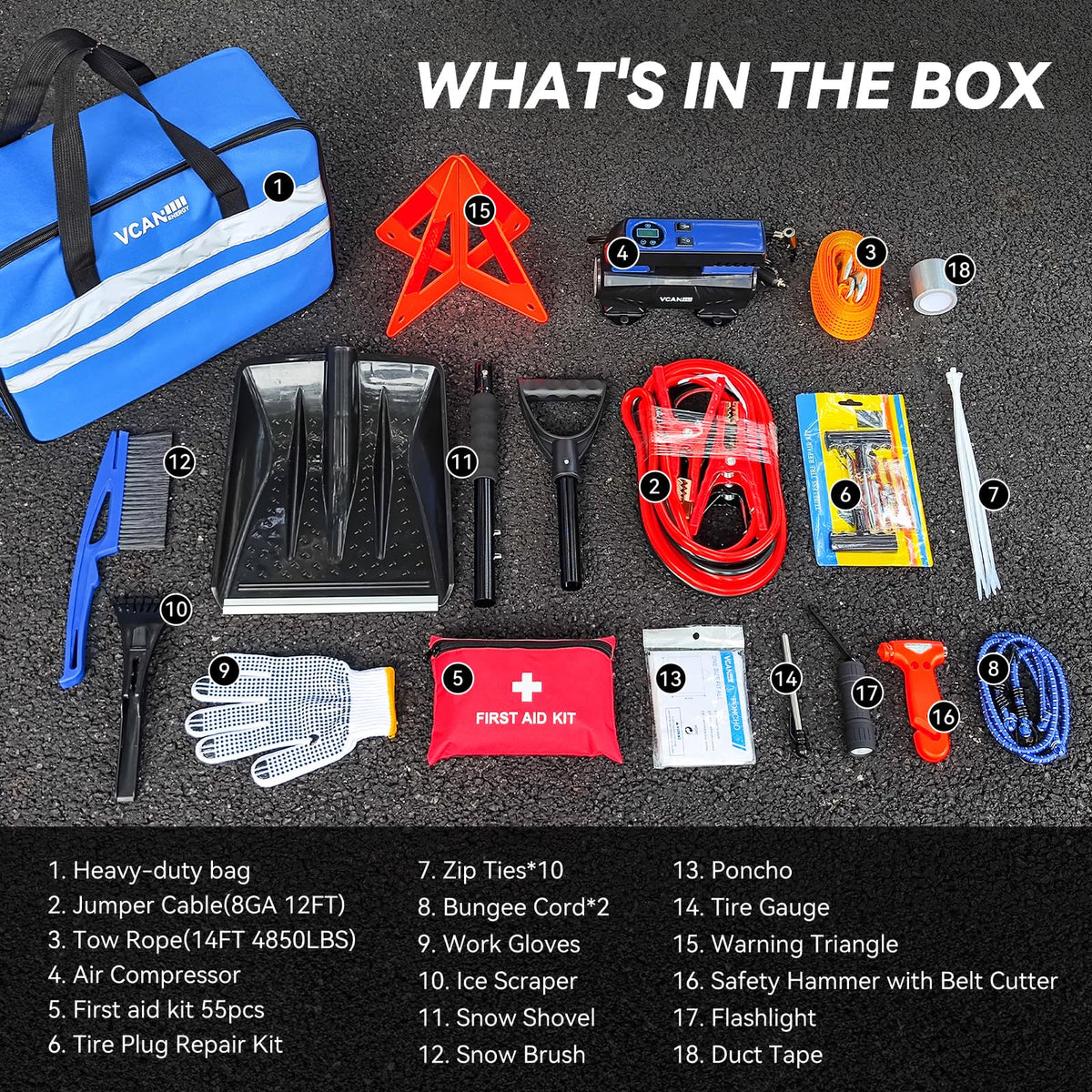 Car Emergency Safety Kit Bag with Digital Air Compressor,Jumper Cables,First Aid Kit, Winter Vehicle Roadside Safety Kit with Detachable Snow Shovel, for Women, Men, Teen