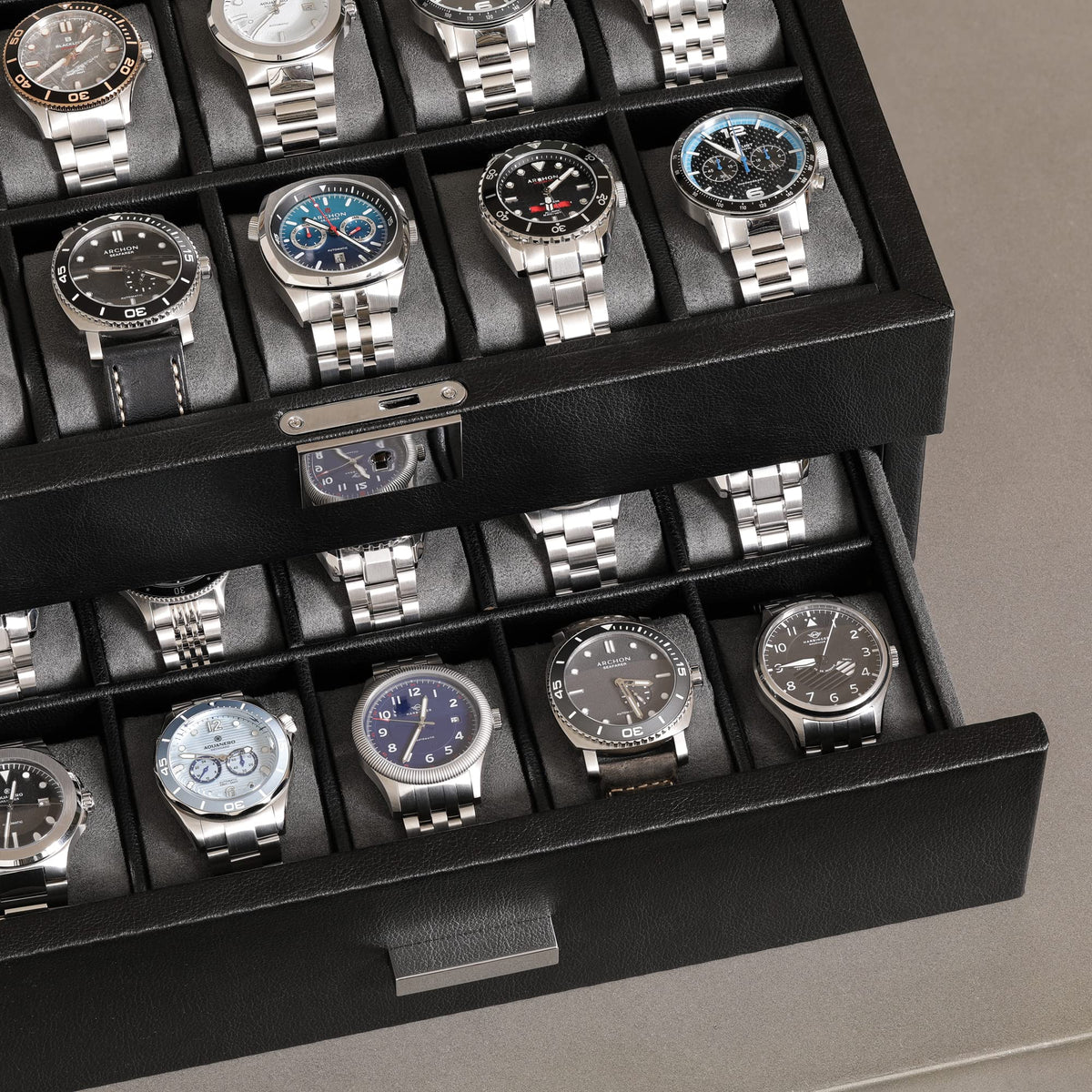 ROTHWELL 20 Slot Leather Watch box - Luxury Case Display Jewelry Organizer, - Locking Display Case Holder with Large Real Glass Top - Watch Box Organizer for Men and Women (Black/Grey)