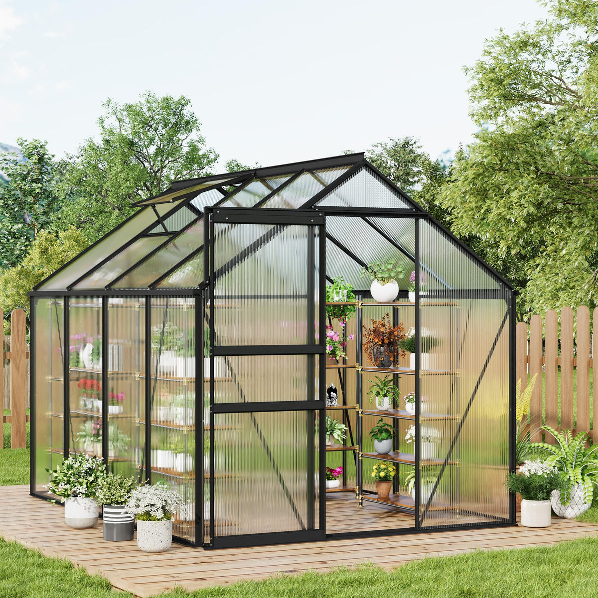6x8FT Greenhouse for Outdoors, Walk-in Polycarbonate Greenhouse with Sliding Door, Adjustable Roof Vent & Gutter System, Portable Outdoor Green House Kit for Winter Gardening