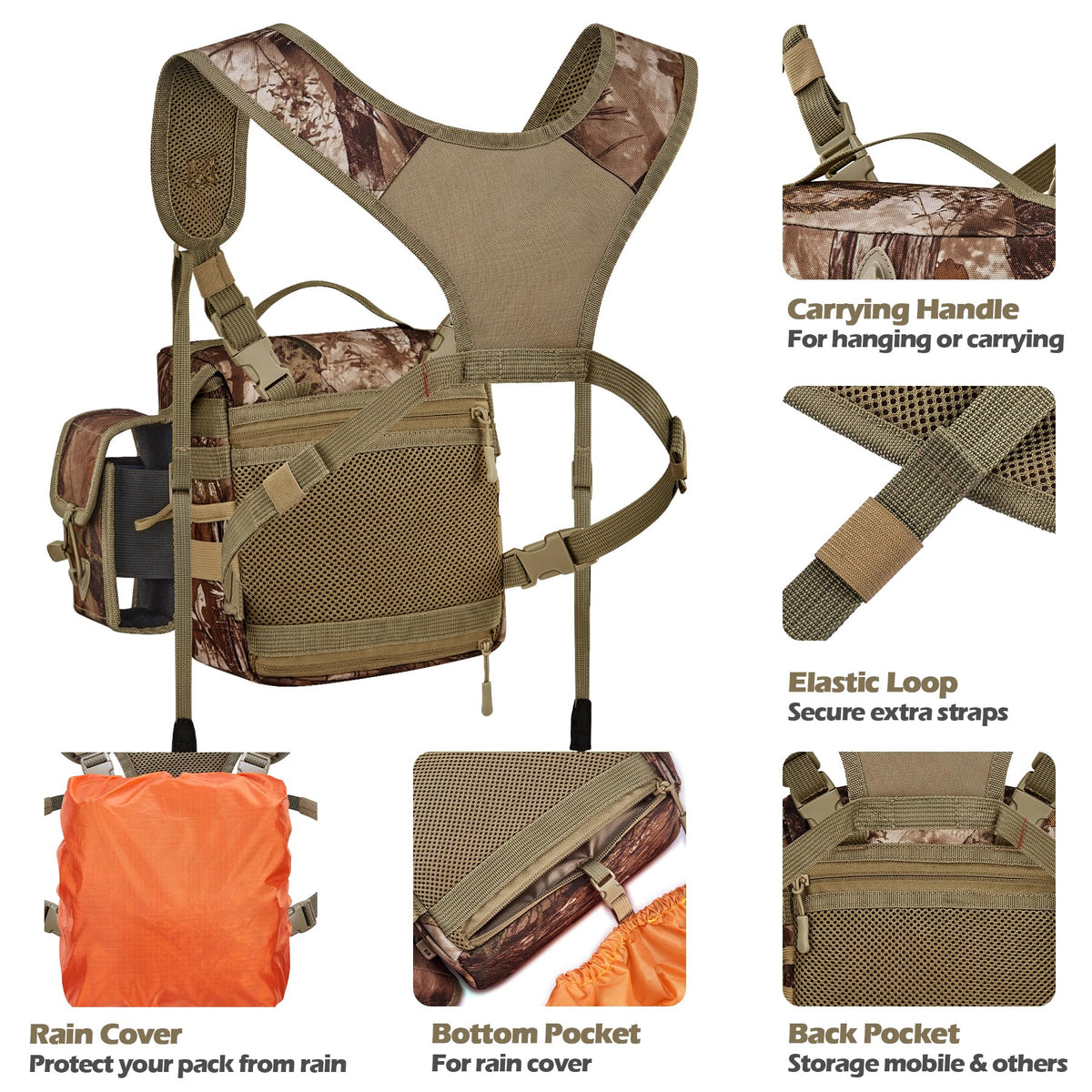 NEW VIEW 80L Hunting Backpack with Waterproof Rain Cover & Binocular Straps Harness Chest Pack with Detachable Rangefinder Pouch