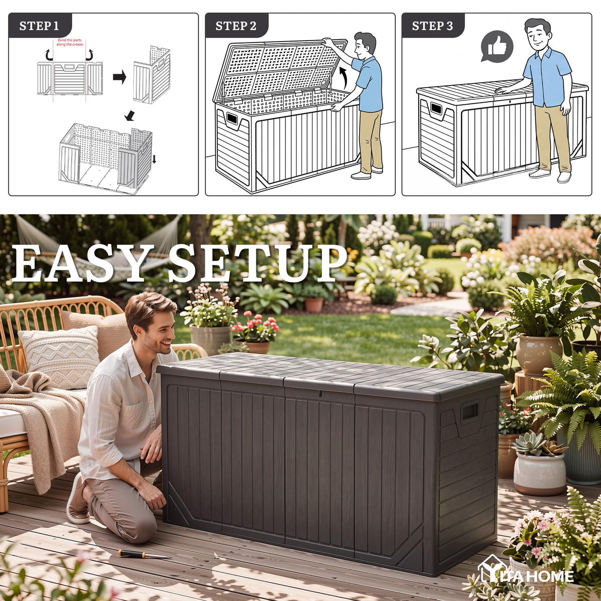 YITAHOME XXL 300 Gallon Extra Large Outdoor Deck Box, Lockable Resin Double-Wall Storage Box and Waterproof Patio Furniture Bin for Garden Tools & Pool Accessories, Brown