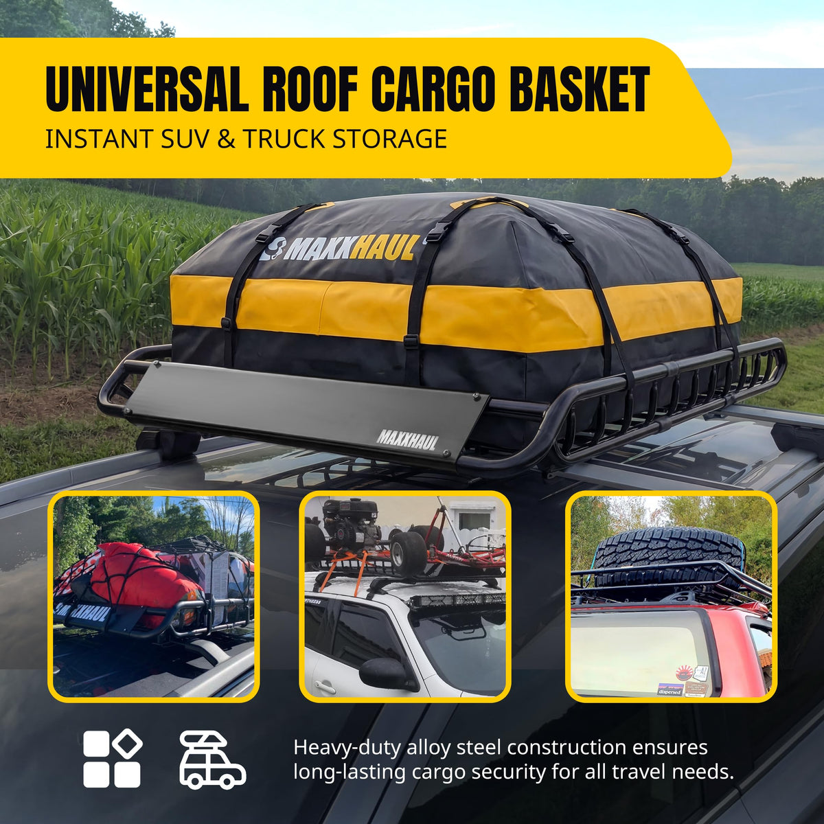 MaxxHaul Steel Roof Rack Cargo Basket, 46" x 36" x 4.5" Roof Top Carrier, Universal Fit for Cars, SUVs, Vans, and RVs, 150 lb Capacity, Weather-Resistant Easy-Install Cargo Storage (70115)