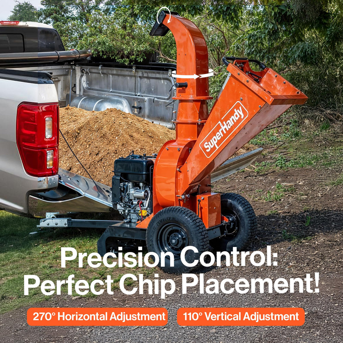 SuperHandy Towable Wood Chipper – 4 in. Chipping Capacity, 15HP Gas Engine, 13 in. Wheels, Electric Start, Trailer-Ready with 2 in. Coupler