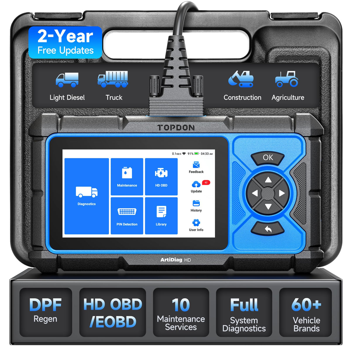TOPDON ArtiDiag HD Heavy Duty Truck Scanner, Diesel Diagnostic Tool, Full System Truck Scanner for Cummins Detroit MaxxForce, 10 Reset Service, DPF Regen, Speed Limit Adjust Reset, 2 Years Free Update