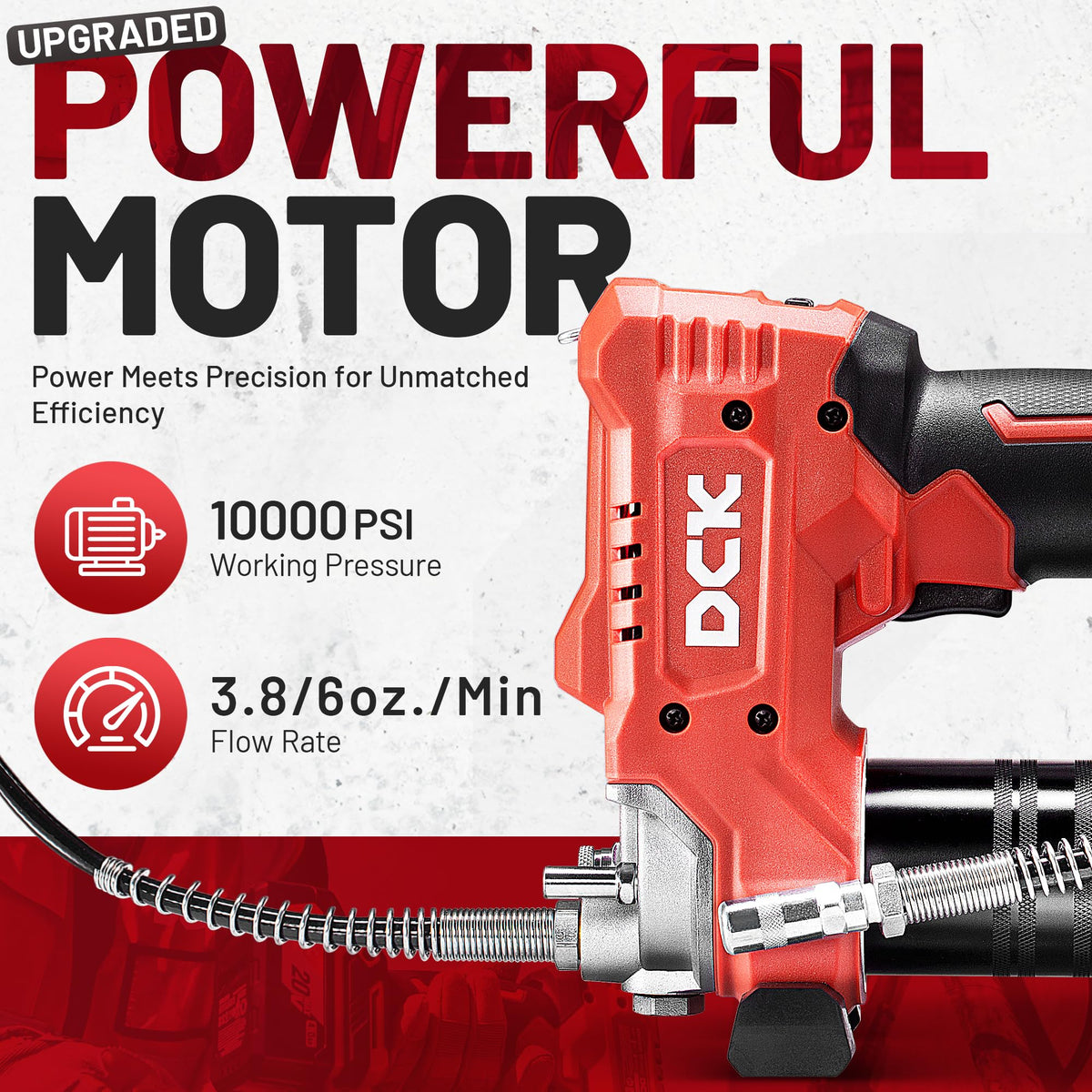 DCK 20V Electric Grease Gun Kit, 10000PSI Cordless Grease Gun with 2×4000mAh Battery and 2.0A Charger, 6oz/Min Max Variable Speed, 40" Long Hose, Lockable Grease Nozzle, LED Light for Farm, Truck