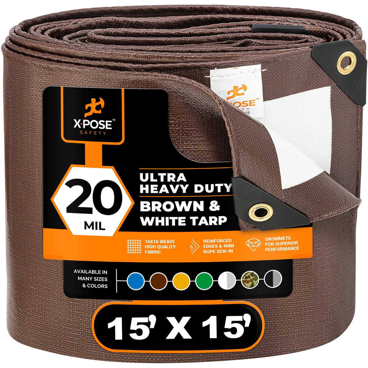 Xpose Safety 15' x 15' Brown/White Ultra Heavy Duty Tarp - 20 Mil - Heavy Duty Waterproof - Extra Large Tarp,Waterproof Tarp Cover Rain Camping,Tent Tarp,UV Protection,Reinforced Corners
