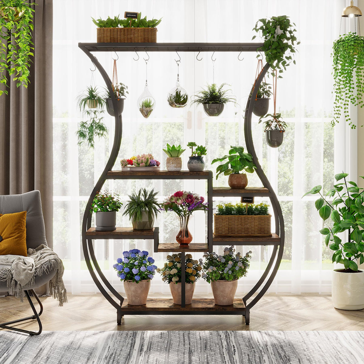 Tribesigns 6-Tier Plant Stand, 70.9 Inch Tall Plant Shelf with 10 Hanging Hooks, Vase Shape Ladder Plant Stand, Multi-Purpose Plant Display Rack for Indoor, Balcony, Living Room, Brown and Black