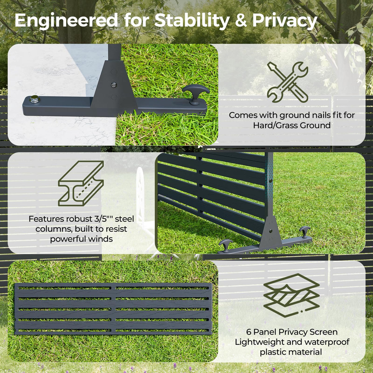 Diyfire Outdoor Privacy Screen 72" Decorative Fence Panel, Air Conditioner Fence, Freestanding Privacy Screens with Stand, Weather-Resistant Patio Divider Panel for Outside, Balcony, Pool, Black