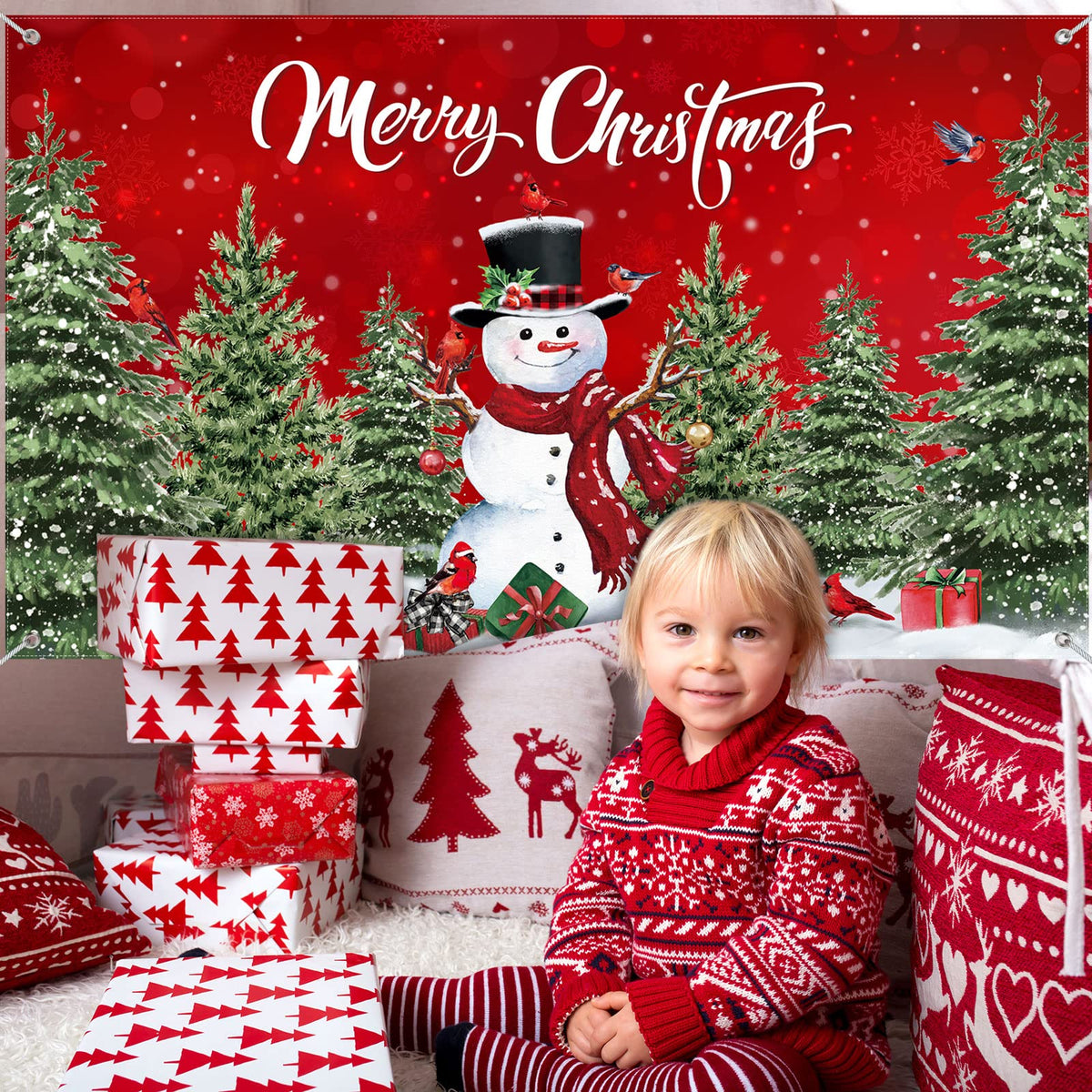 Irenare Christmas Backdrop Merry Christmas Banner Party Decoration Xmas Photography Background Photo Props for Winter Holiday New Year Eve Family Party Decoration Supplies(Snowman)