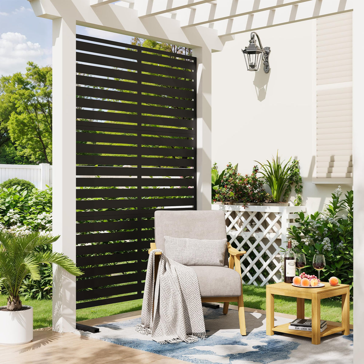 Garvee 72" H x 47" W Outdoor Metal Privacy Screen, 6FT Decorative Privacy Fence Freestanding Panels with Stand, Room Dividers, Patio Metal Screen Panel for Garden Yard Balcony Deck, Black