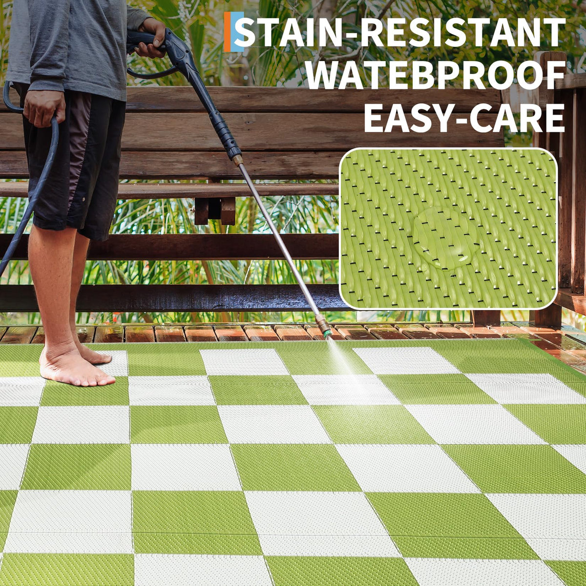Garvee Outdoor Plastic Straw Rug 9x18 Waterproof UV Resistant Patio Camping Rug Modern Checkered Large Foldable Floor Mat for Camping, Picnic, Backyard, RV, Beach, Picnic, Deck, Green/White