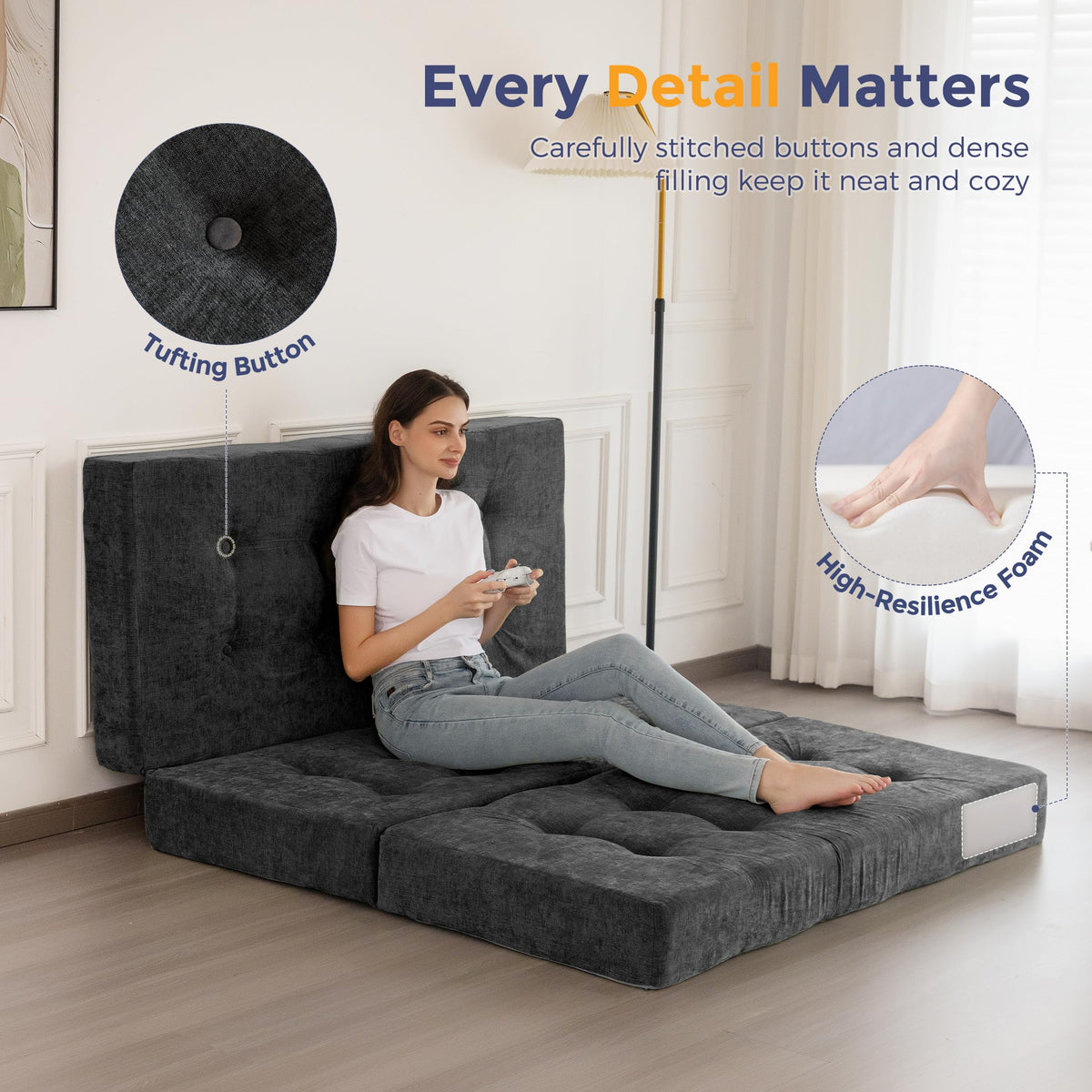 MAXYOYO 6" Folding Sofa Bed for Floor, Tufted Tri-Fold Floor Couch Bed with Chenille Fabric, Twin Size Portable Sofa Couch Guest Mat for Adults, Foldable Topper for Camping, Dark Grey, 35.4"x75"