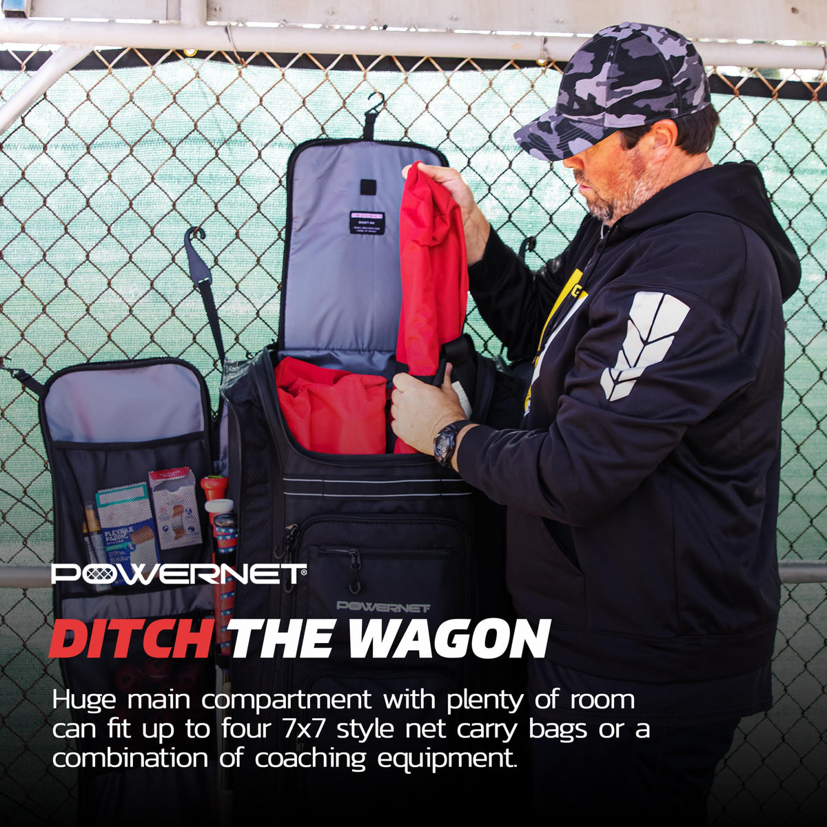 PowerNet All Gear Transporter Baseball Travel Bag, Rolling Duffle with Wheels & Handle for Baseball Accessories, Catchers Gear & Bats, Main Pocket Fits Four 7x7 Nets