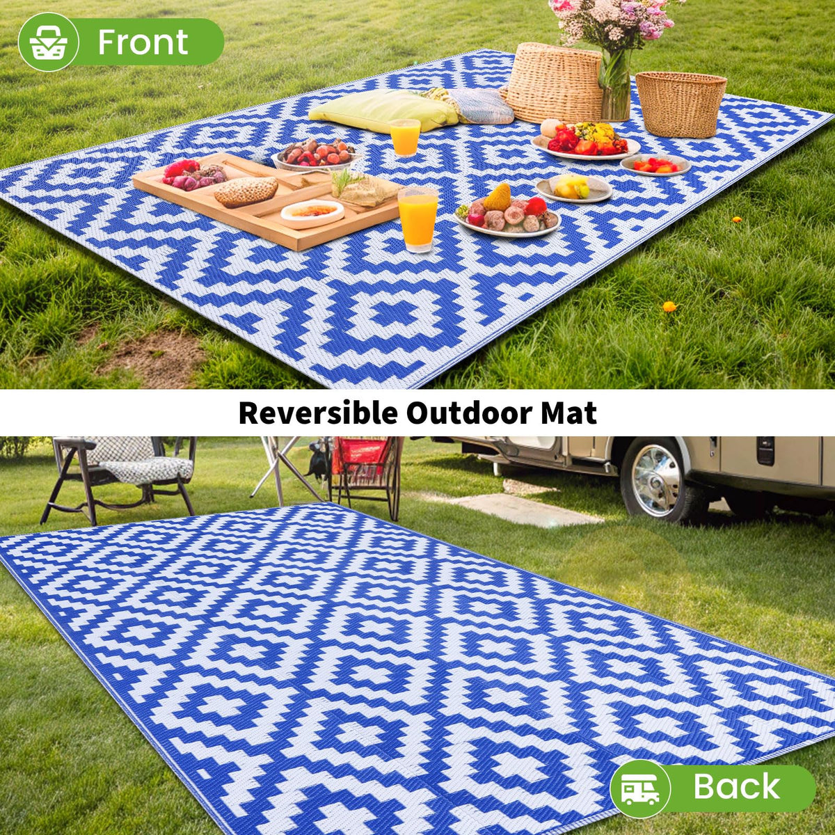Smiry Waterproof Outdoor Rug 10X14 ft, Reversible Plastic Straw Patio Camping Rugs, Outdoor Indoor RV Mat Carpet for Patio, Outside Entry, Backyard, Deck, Bench, Picnic, Camper, White & Blue