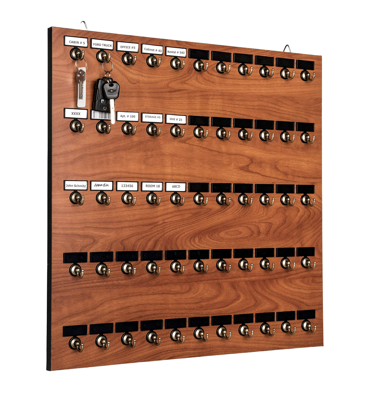 Stand Company Key Rack, Key Holder # 55MCN, Extra Space 55 Bolted Metal Hooks with Customize Nameplate, (60 Sets of Tag & Ring Included) - Made in USA, Gray Wild Cherry