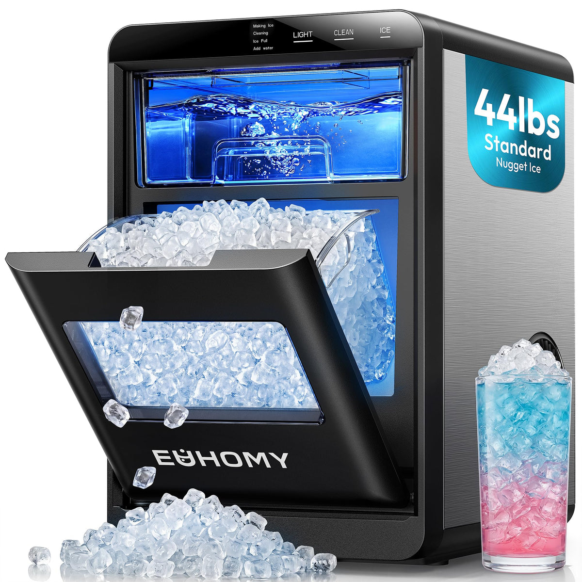 EUHOMY Nugget Ice Maker Countertop, 44Lbs/24H Sonic Ice Maker Machine, Self-Cleaning Pellet Ice Makers with Ice Scoop&Basket, Countertop Pebble Ice Maker for Home/Kitchen/Office