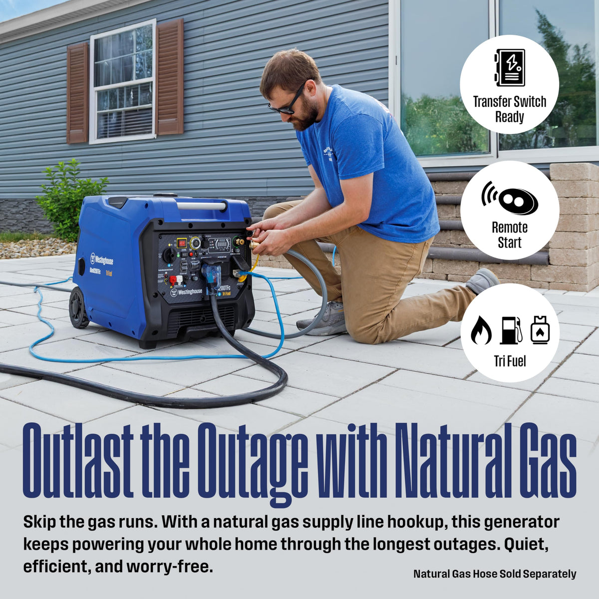 Westinghouse 8200 Peak Watt Tri-Fuel Portable Inverter Generator, Remote Electric Start, Transfer Switch Ready, Gas, Propane, Natural Gas, Low THD, Safe for Electronics, Parallel Capable, CO Sensor