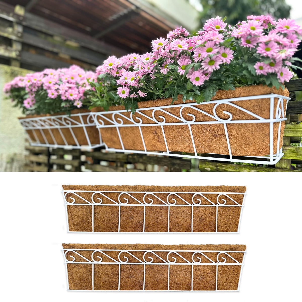 LaLaGreen Bundle (2 Pack, 30 Inch White + 2 Pack, 30 Inch Black) Window Flower Boxes Basket Outdoor, Balcony Planter Over The Rail, Deck Railing Metal Horse Troughs Fence Patio Porch Garden Decor
