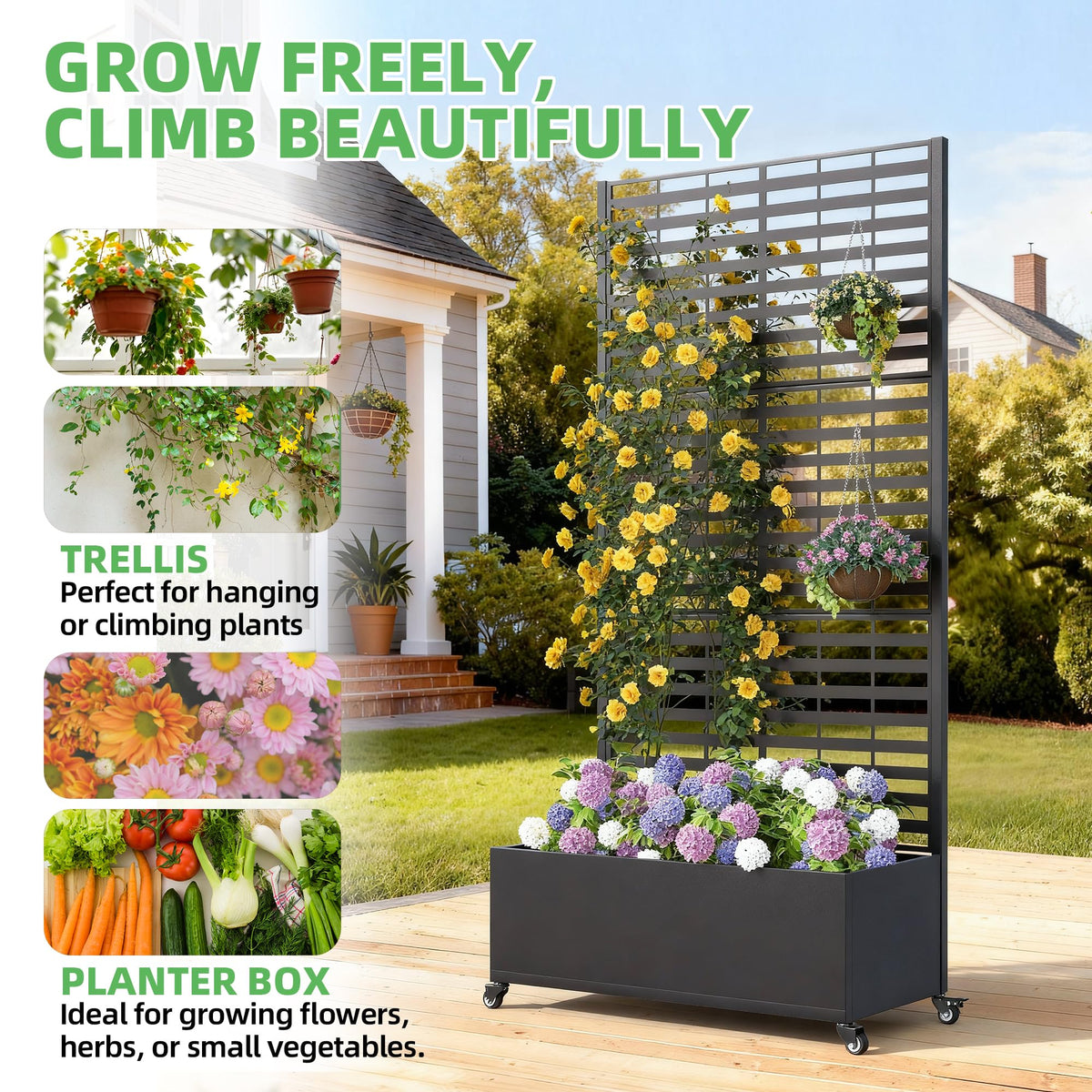 UPHYB Metal Planter Box with Trellis, 73"x 35"x 16" Raised Garden Bed with Wheels and Drainage Holes, Planter with Trellis for Garden, Balcony and Patio, Black Louvered